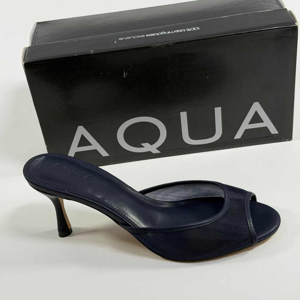 Aqua Size-8 Womens AQ-SHIL Navy Blue Mesh Peep Toe Mules Kitten Slide Sandals